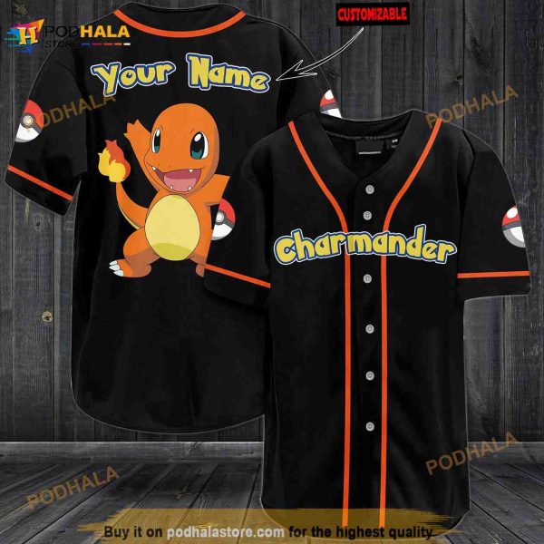 Personalized Name Charmander Pokemon 3D Baseball Jersey