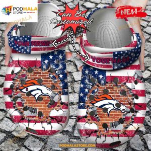 Personalized Name Football Crocs Dbroncos American Flag Breaking Wall Clog Shoes
