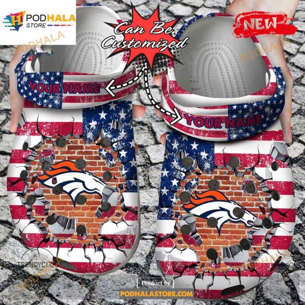Personalized Name Football Crocs Dbroncos American Flag Breaking Wall Clog Shoes