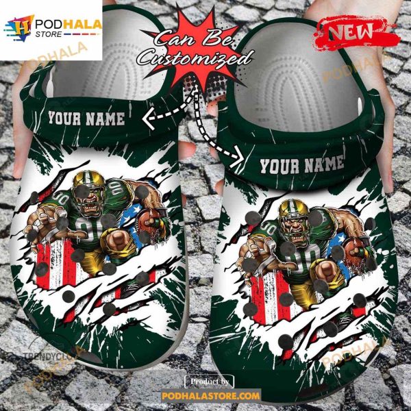 Personalized Name Football Crocs Gpackers Mascot Ripped Flag Clog Shoes