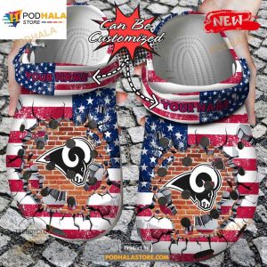 Personalized Name Football Crocs La Rams American Flag Breaking Wall Clog Shoes