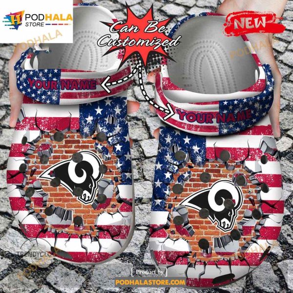 Personalized Name Football Crocs La Rams American Flag Breaking Wall Clog Shoes