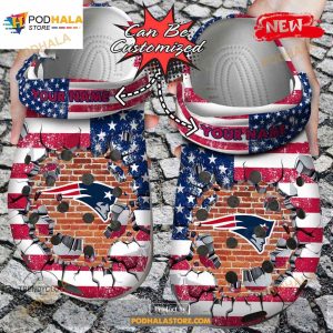 Personalized Name Football Crocs Ne Patriots American Flag Breaking Wall Clog Shoes