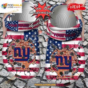 Personalized Name Football Crocs Ny Giants American Flag Breaking Wall Clog Shoes