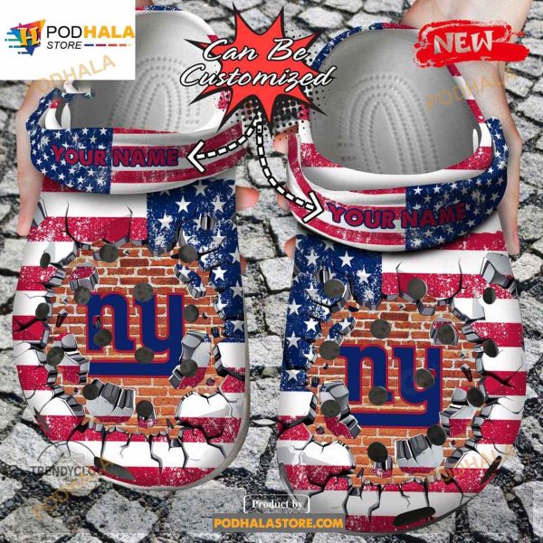 Personalized Name Football Crocs Ny Giants American Flag Breaking Wall Clog Shoes