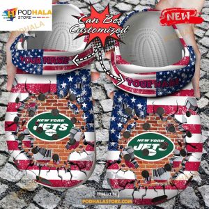 Personalized Name Football Crocs Ny Jets American Flag Breaking Wall Clog Shoes