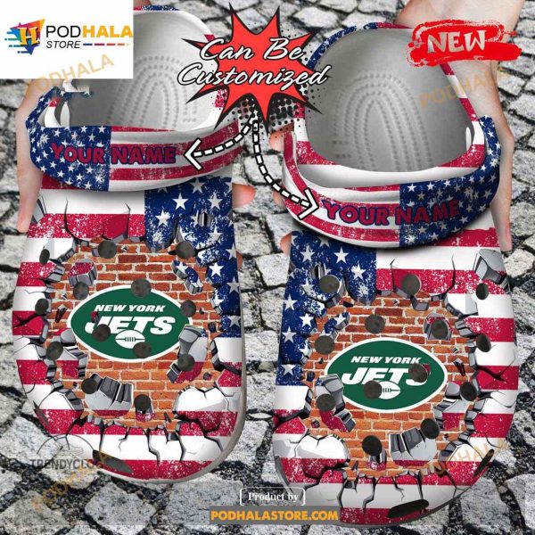 Personalized Name Football Crocs Ny Jets American Flag Breaking Wall Clog Shoes