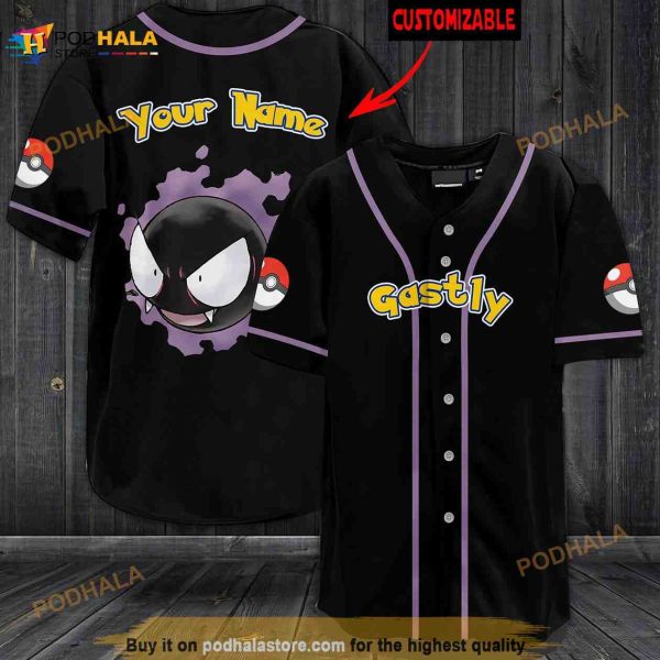 Personalized Name Gastly Pokemon 3D Baseball Jersey