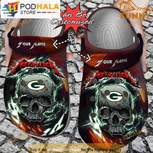 Personalized Name Green Bay Packers Metallica 3D Crocs Skull Lightning