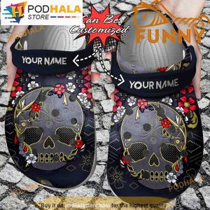 Personalized Name Grey Skull Floral 3D Crocs