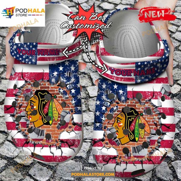 Personalized Name Hockey Crocs Cblackhawks American Flag Breaking Wall Clog Shoes