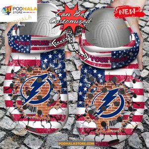 Personalized Name Hockey Crocs Tb Lightning American Flag Breaking Wall Clog Shoes