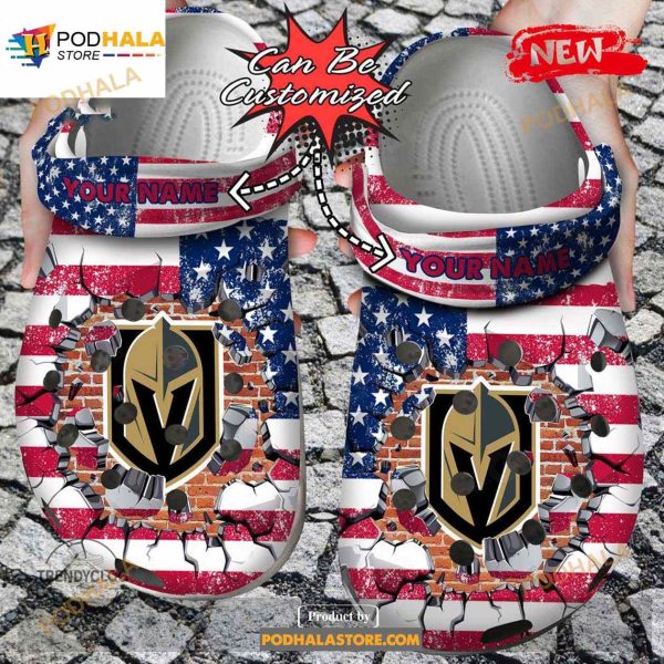 Personalized Name Hockey Crocs Vgolden Knights American Flag Breaking Wall Clog Shoes