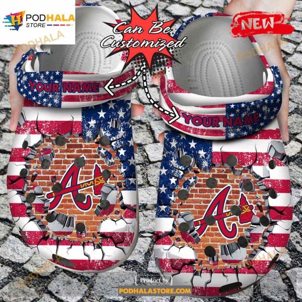 Personalized Name Logo Baseball Team American Flag Breaking Wall Crocs Clog Shoes
