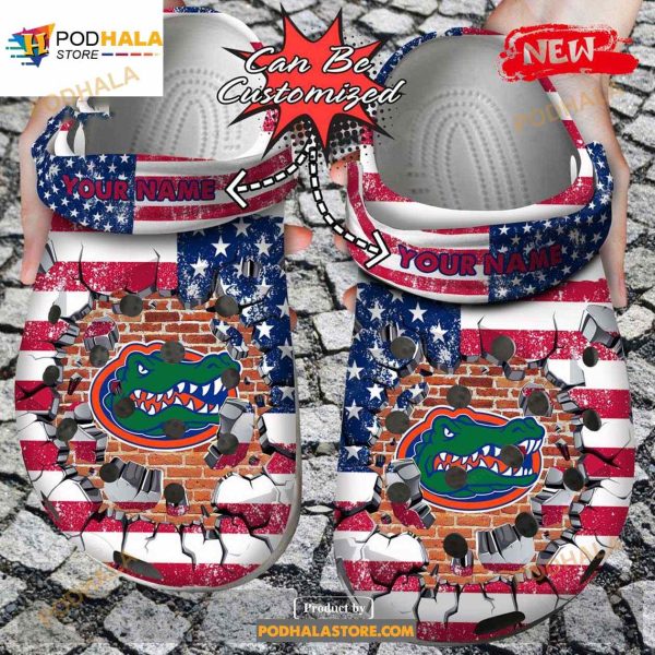 Personalized Name Logo Sport University Team American Flag Breaking Wall Crocs Clog Shoes