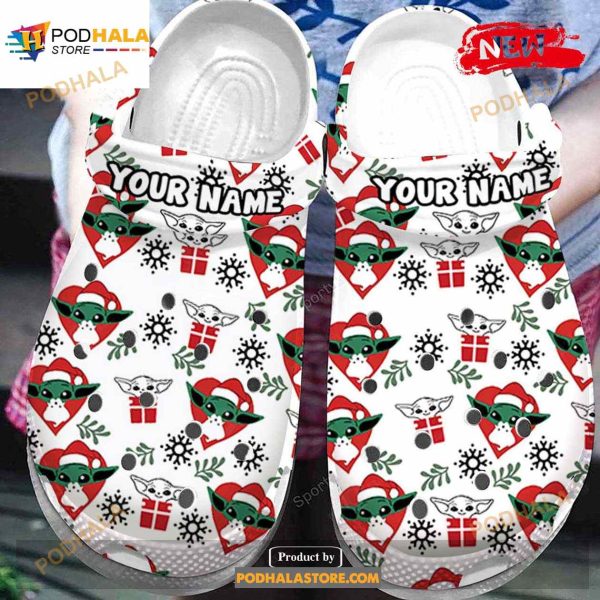 Personalized Name Merry Christmas Baby Yoda White Crocs Classic Clog Shoes