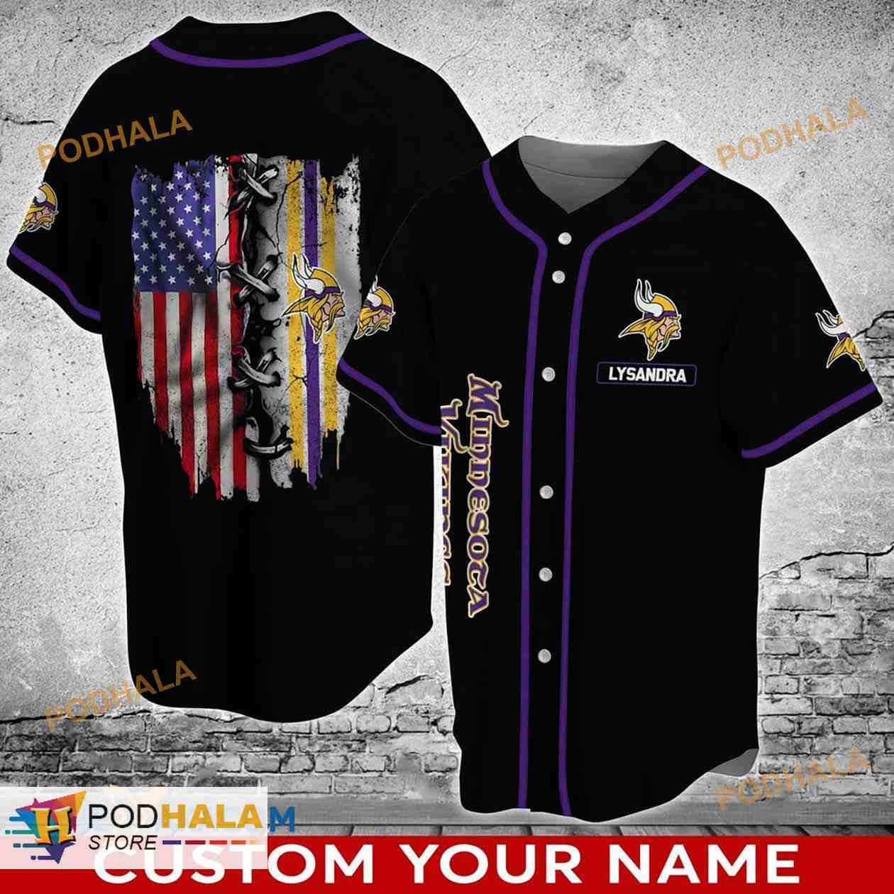 Minnesota Vikings Personalized Name And Number NFL 3D Baseball Jersey Shirt  For Fans