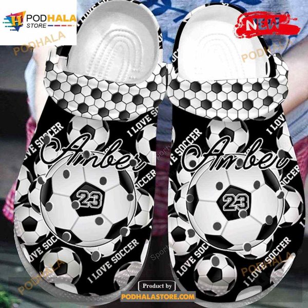 Personalized Name Number Black – White Soccer Crocs Classic Clog Shoes