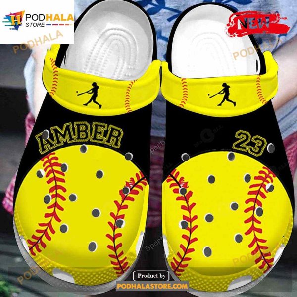 Personalized Name Number Softball Player Black Yellow Crocs Classic Clog Shoes