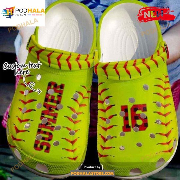 Personalized Name Number Softball Red Caro Crocs Classic Clog Shoes