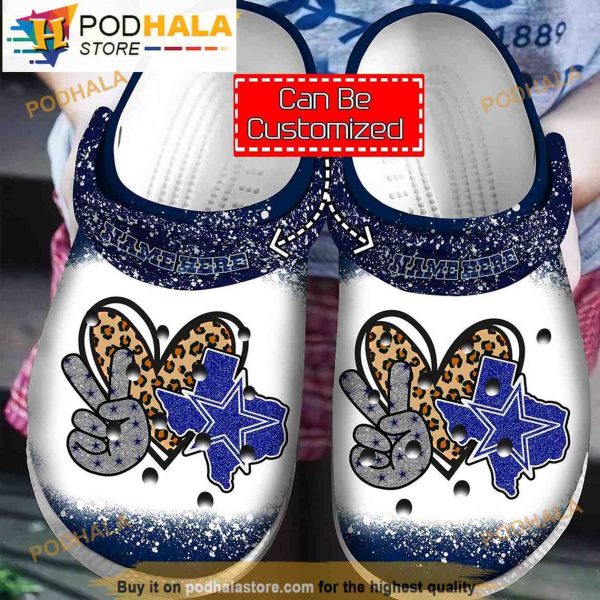 Personalized Name Peace Love Dallas Cowboys Glitter Leopard 3D Crocs Slippers