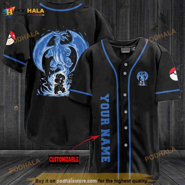 Personalized Name Powerful Blue Pokemon 3D Baseball Jersey