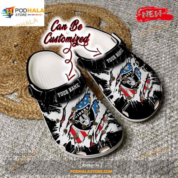 Personalized Name Raiders Crocs Lv Raiders Football Ripped American Flag Clog Shoes