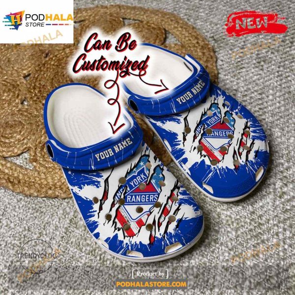 Personalized Name Rangers Crocs Ny Rangers Hockey Ripped American Flag Clog Shoes