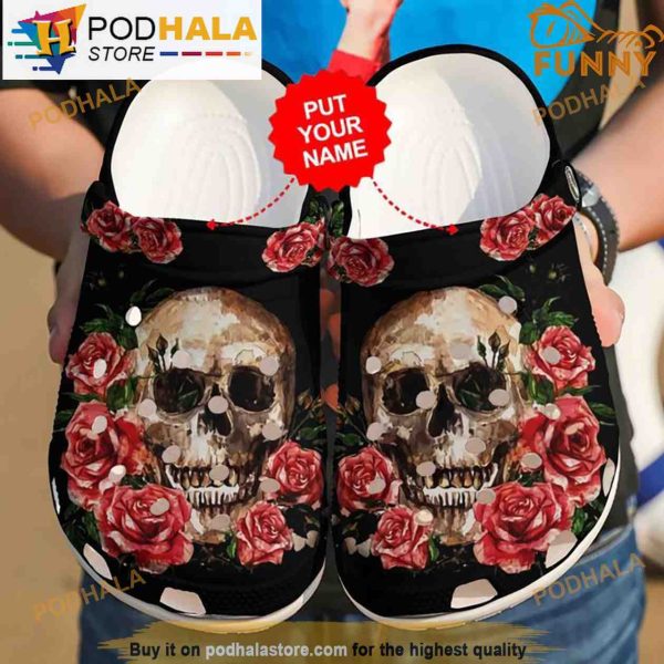 Personalized Name Skull And Red Floral 3D Crocs