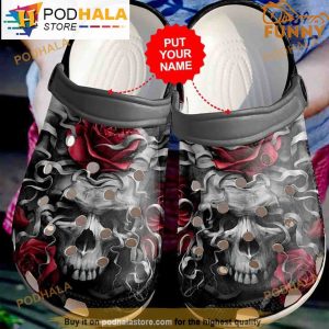 Personalized Name Skulls And Roses Black 3D Crocs