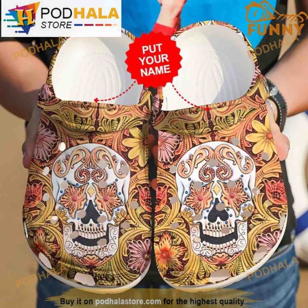 Personalized Name Skulls Floral Orange 3D Crocs