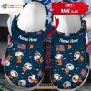 Personalized Name Snoopy Astronaut Usa Flag Puzzle Pieces Crocs Crocband Clog Shoes