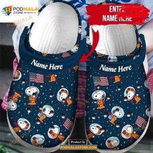 Personalized Name Snoopy Astronaut Usa Flag Puzzle Pieces Crocs Crocband Clog Shoes