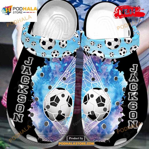 Personalized Name Soccer Ball In The Goal Net Black Blue Crocs Classic Clog Shoes