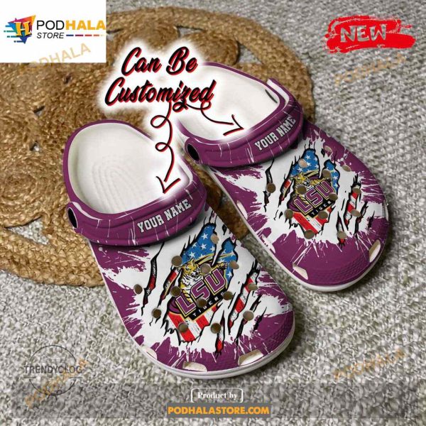 Personalized Name Sport Crocs Lsutigers University Ripped American Flag Clog Shoes