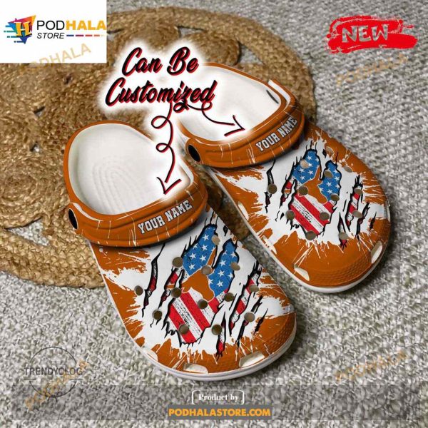 Personalized Name Sport Crocs Tlonghorns University Ripped American Flag Clog Shoes