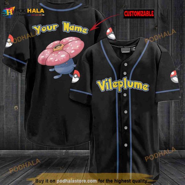 Personalized Name Vileplume Pokemon 3D Baseball Jersey