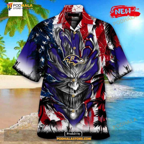 Personalized NFL Baltimore Ravens US Flag Demon Face Funny 3D NFL Hawaiian Shirt