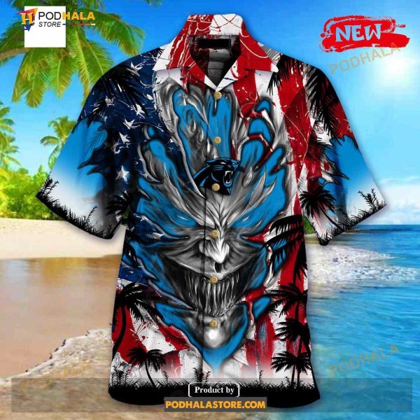 Personalized NFL Carolina Panthers US Flag Demon Face Funny 3D NFL Hawaiian Shirt
