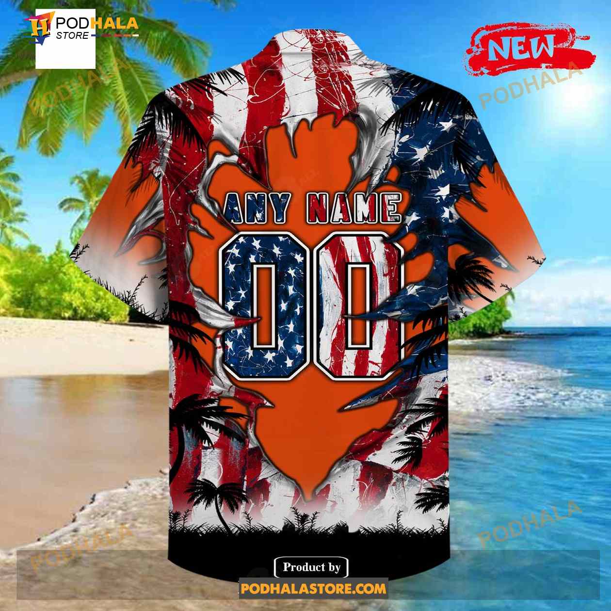 Chicago Bears Tropical Floral America Flag Custom Name Hawaiian Shirt