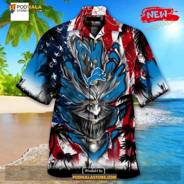 Personalized NFL Detroit Lions US Flag Demon Face Funny 3D NFL Hawaiian Shirt