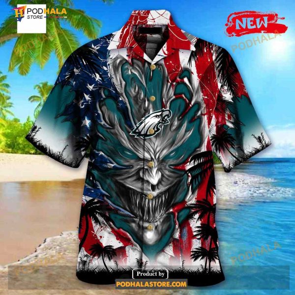 Personalized NFL Philadelphia Eagles US Flag Demon Face Funny 3D NFL Hawaiian Shirt