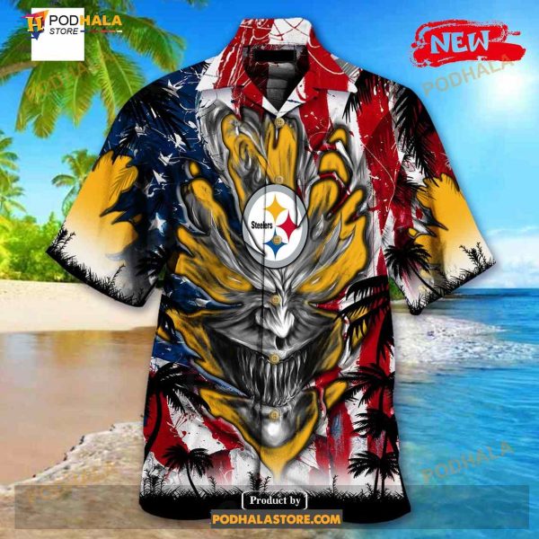 Personalized NFL Pittsburgh Steelers US Flag Demon Face Funny 3D NFL Hawaiian Shirt