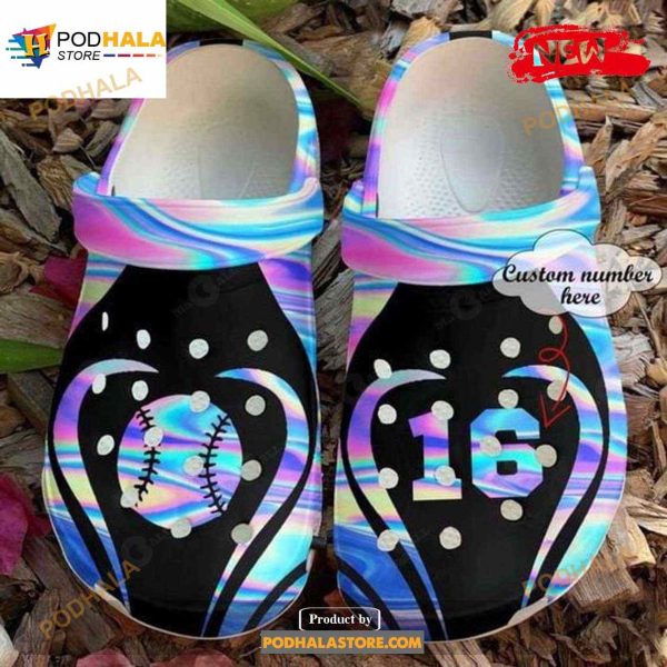 Personalized Number Love Softball Holographic Crocs Classic Clog Shoes