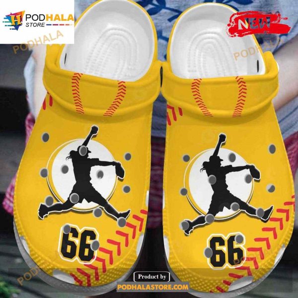 Personalized Number Pitching Softball Player Yellow Crocs Classic Clog Shoes