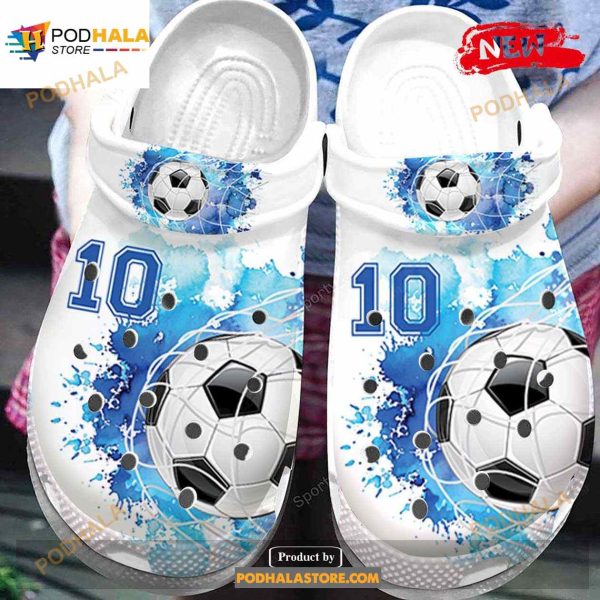 Personalized Number Soccer Goal Blue White Watercolor Crocs Classic Clog Shoes