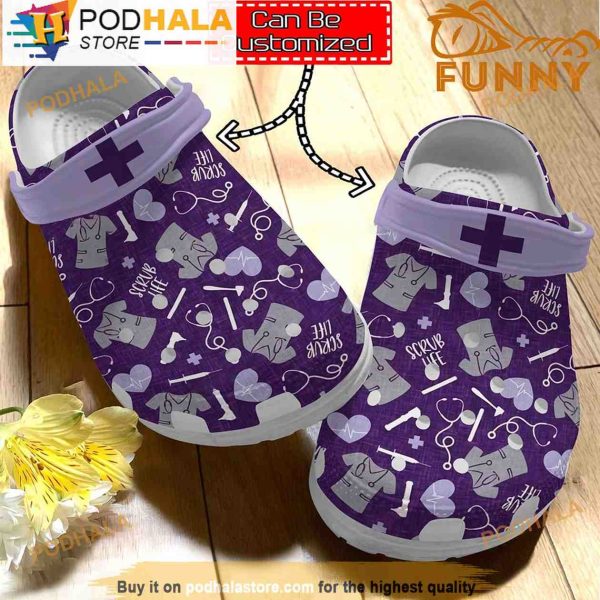 Personalized Nurse Scrub Life Pattern Purple 3D Crocs