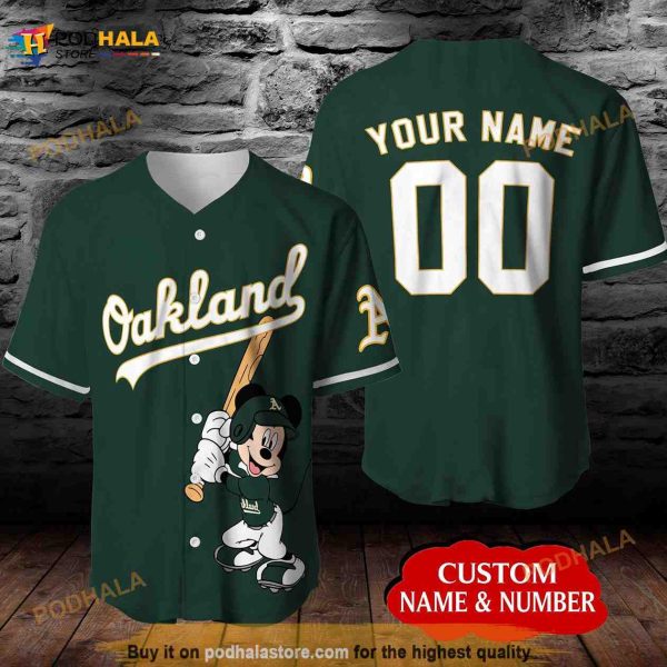 Personalized Oakland Athletics Mickey Mouse 3D Baseball Jersey – Dark Green