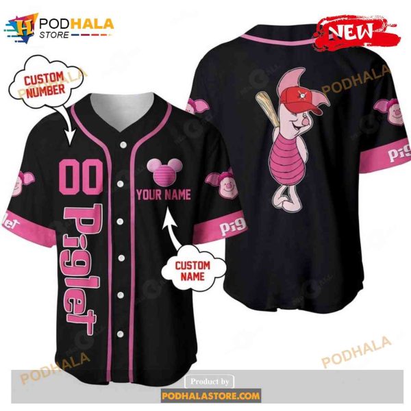 Personalized Piglet Winnie The Pooh Playing Baseball All Over Print Black Baseball Jersey