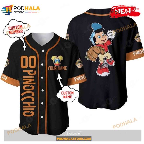 Personalized Pinocchio Playing Baseball All Over Print Black Baseball Jersey